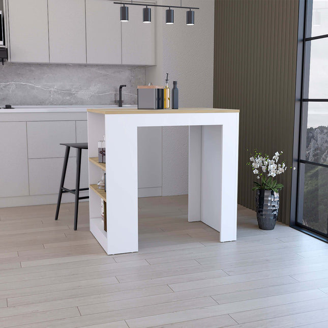 Kitchen Island, Kitchen Bar Table 36' H, with 3-Side Shelves, White / Macadamia