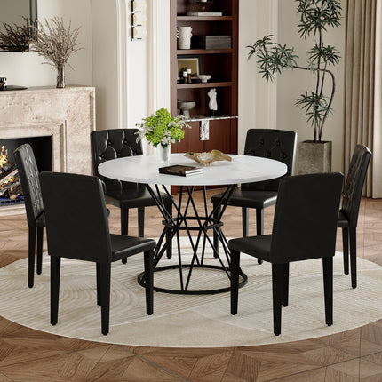 Table and chair set. A circular white MDF dining table with a diameter of 47.3 inches,black hourglass shaped metal brackets.Paired with 6 black PU dining chairs: ergonomic buckle backrest.