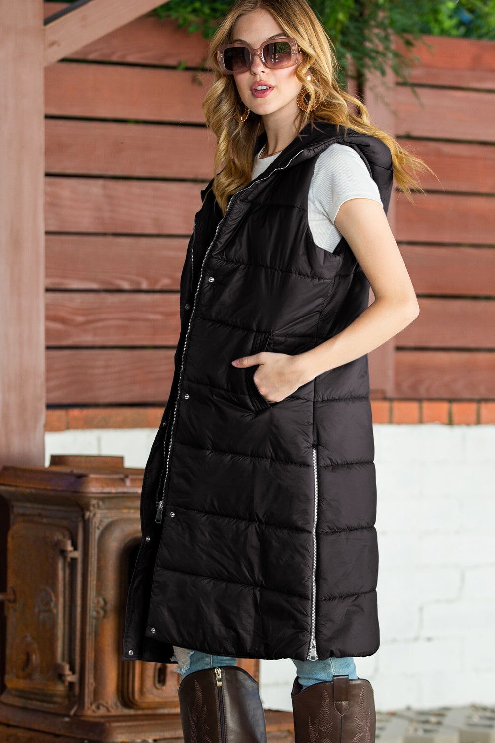 Black Hooded Pocketed Quilted Long Vest Coat - Eloy Royal