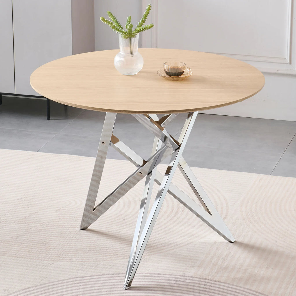 37Inch Round Dining Table, Small Round Kitchen Table With Silver Metal Legs, Suitable For 2 To 4 People, Modern Dining Room Table, Burlywood. - Eloy Royal