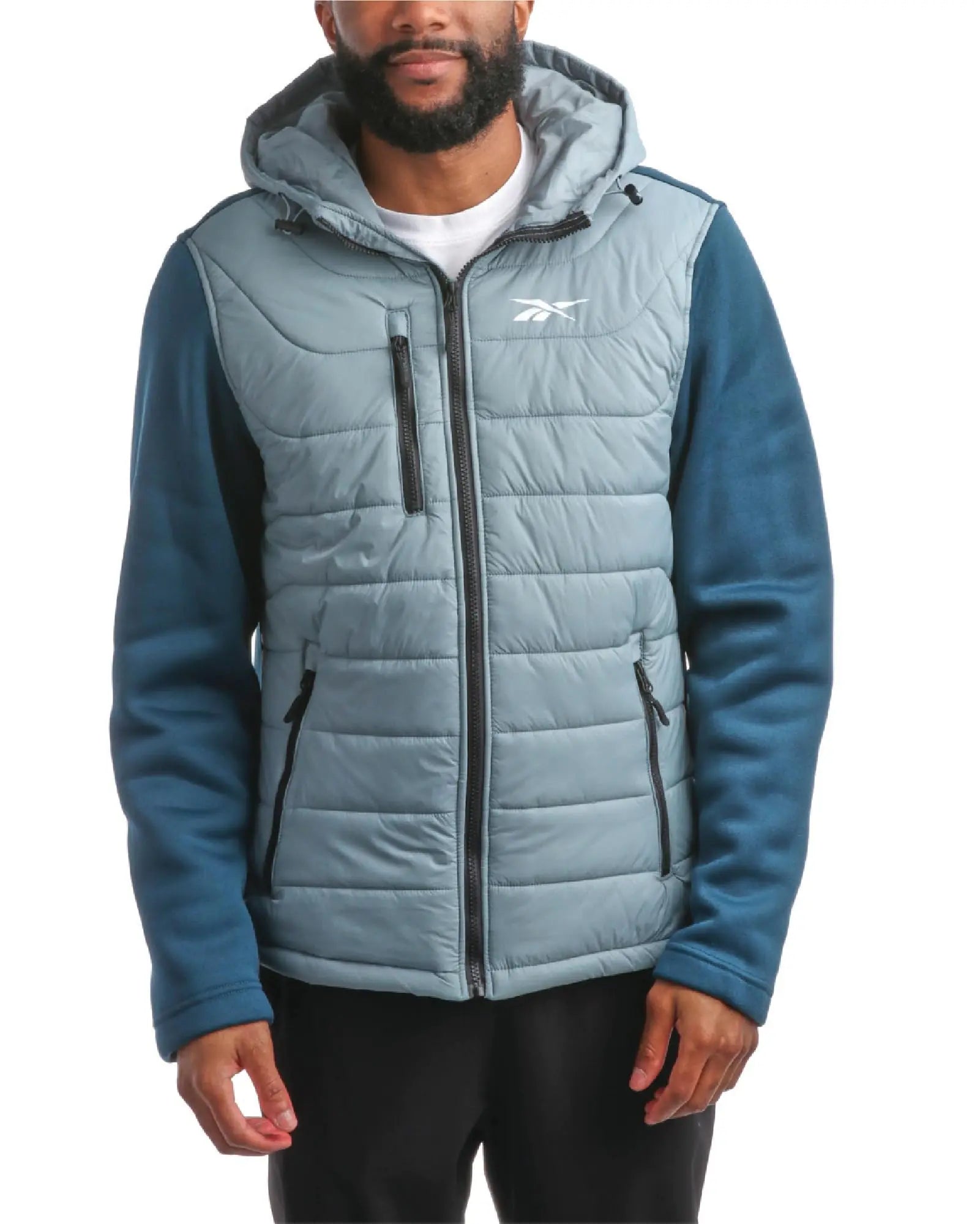 Reebok Mens Jacket - Warm Insulated Quilted Puffer Jacket with Sweater Fleece Sleeves - Hooded Outdoor Jacket for Men (M-XL) Size X-Large Blue Slate