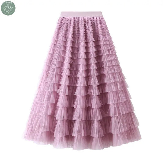 A-Line Mesh Ruffle Skirt Women's Temperament Sweet Long Skirt Slim Cupcake Dress Womens Clothing - Eloy Royal