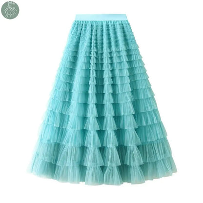 A-Line Mesh Ruffle Skirt Women's Temperament Sweet Long Skirt Slim Cupcake Dress Womens Clothing - Eloy Royal