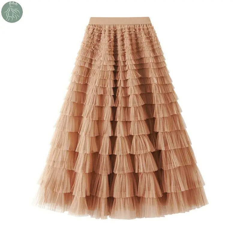 A-Line Mesh Ruffle Skirt Women's Temperament Sweet Long Skirt Slim Cupcake Dress Womens Clothing - Eloy Royal