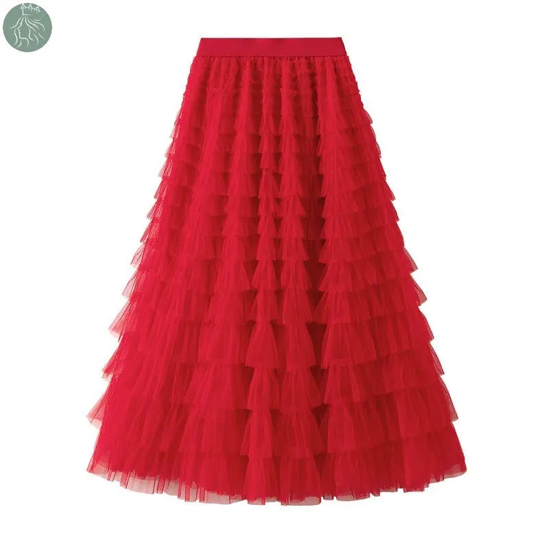 A-Line Mesh Ruffle Skirt Women's Temperament Sweet Long Skirt Slim Cupcake Dress Womens Clothing - Eloy Royal