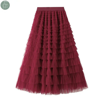 A-Line Mesh Ruffle Skirt Women's Temperament Sweet Long Skirt Slim Cupcake Dress Womens Clothing - Eloy Royal