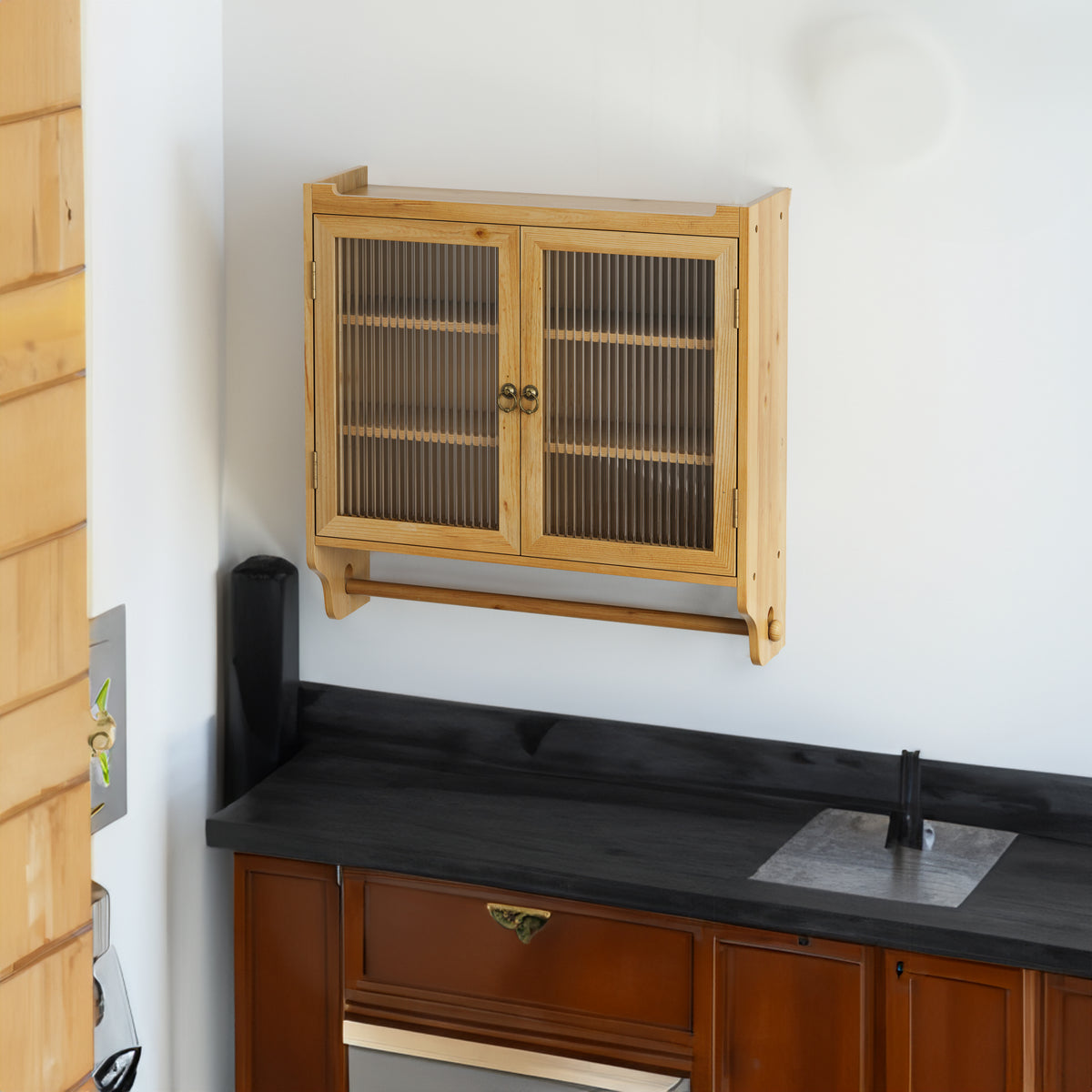 Galatea Glass-Door Wall Cabinet with Towel Rail, Natural, 25 in