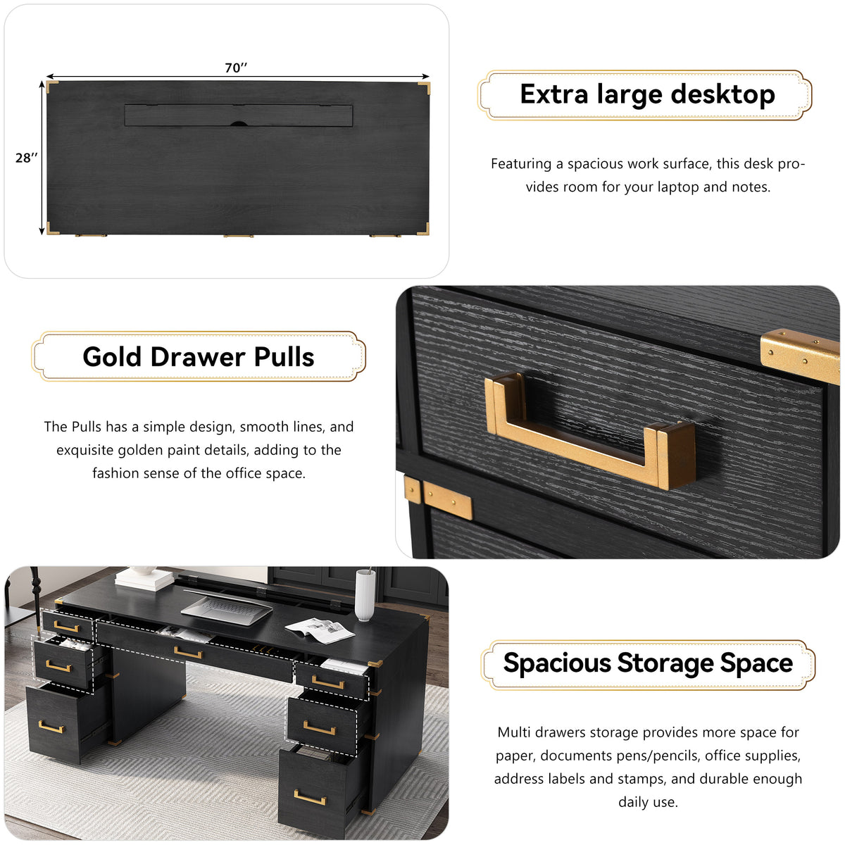 Sheridan Metal-Trim Executive Desk, Black and Gold, 70 in