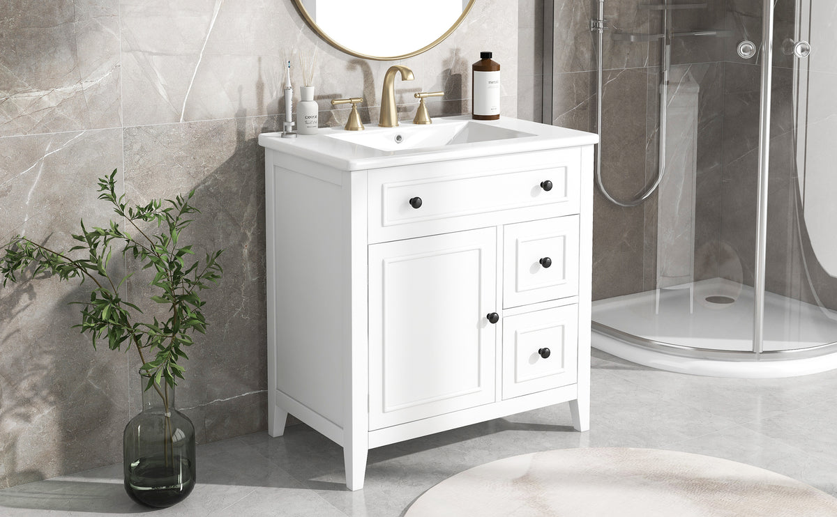 30" Bathroom Vanity with Sink Top, Bathroom Vanity Cabinet with Door and Two Drawers, Solid Wood Frame, One Package, White