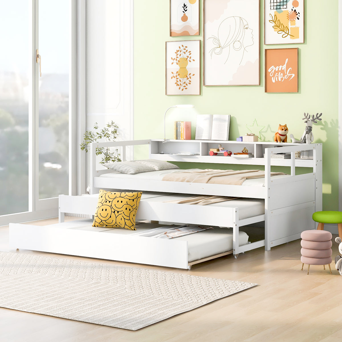 Twin XL Wood Daybed with 2 Trundles, 3 Storage Cubbies, 1 Light for Free and USB Charging Design, White