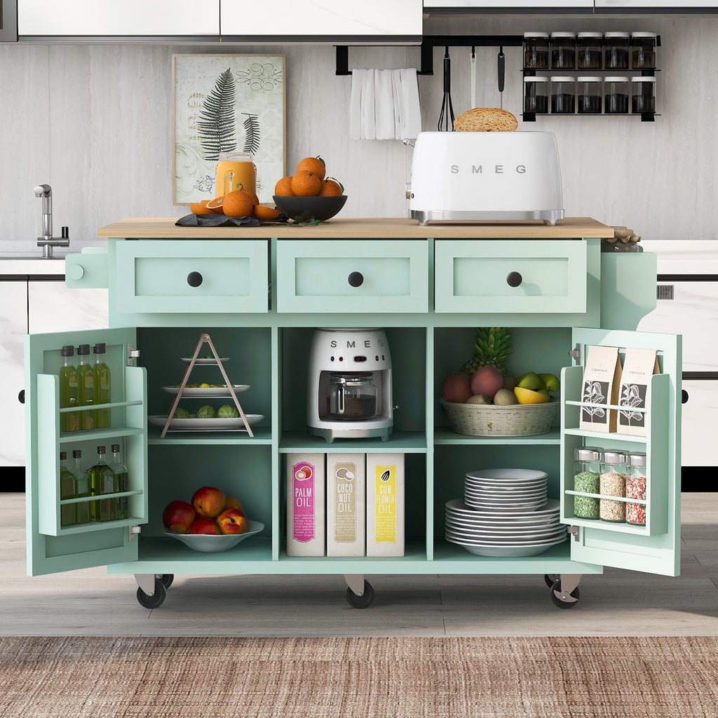 Novara Rubberwood Drop-Leaf Kitchen Island Cart, Mint Green