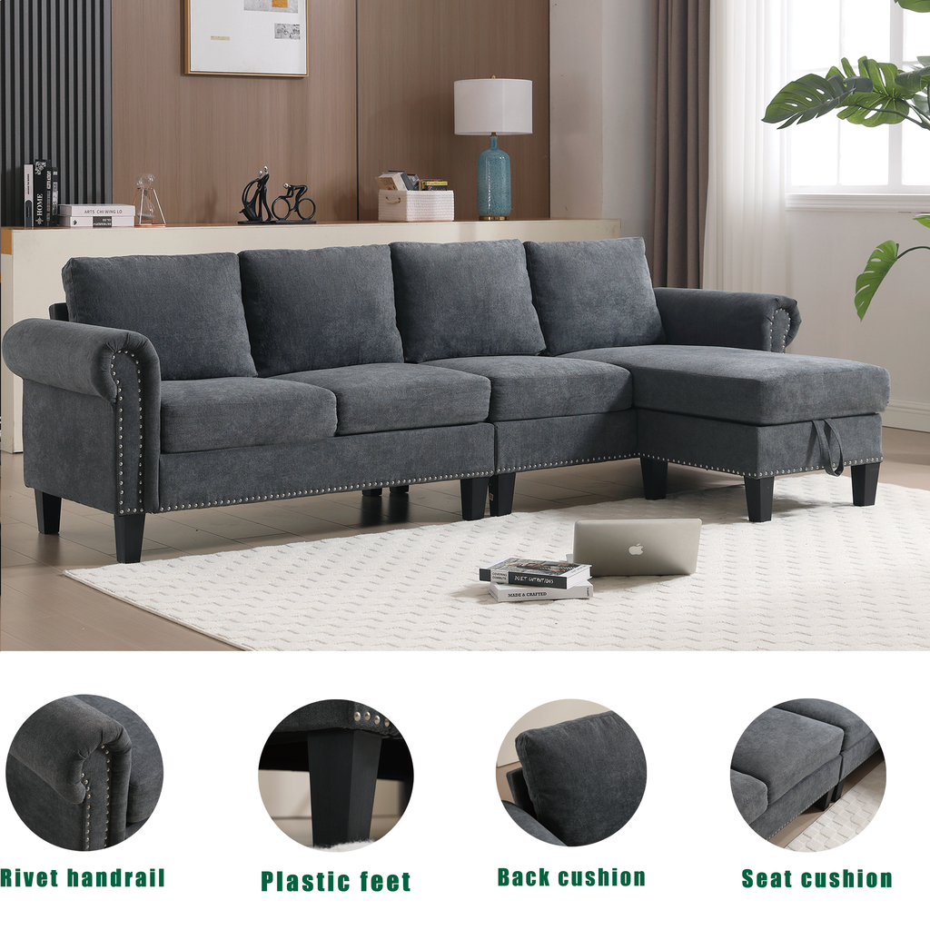Brighton grey linen L-shaped sectional with storage ottoman
