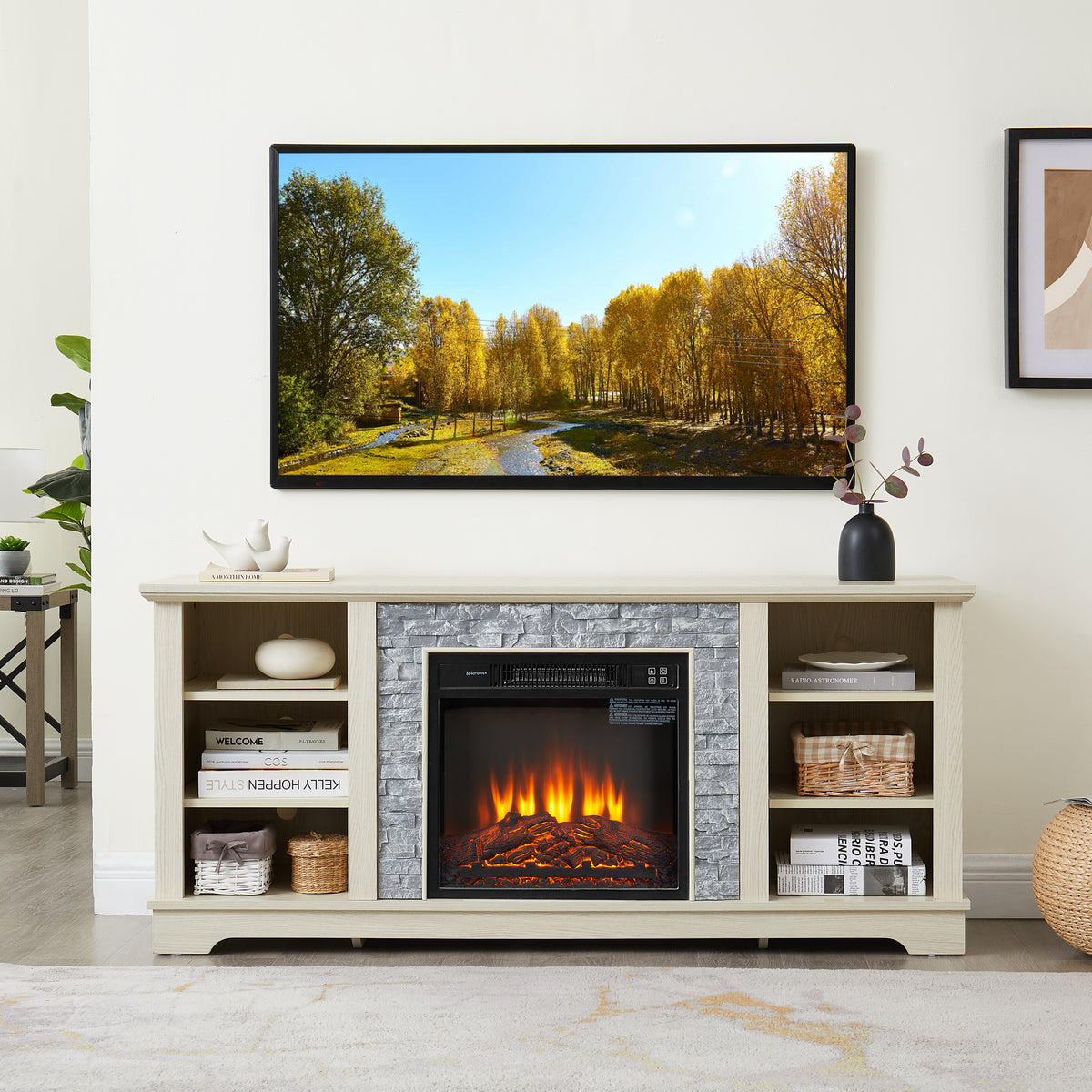 Mantel electric fireplace stone TV media stand, open storage console space, with 18 inch fireplace insert, white