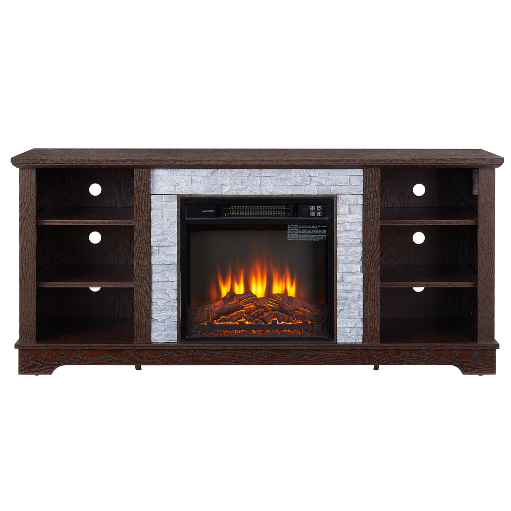 Graziella Faux Stone Media Console with 18 in Fireplace, Cherry, 58 in