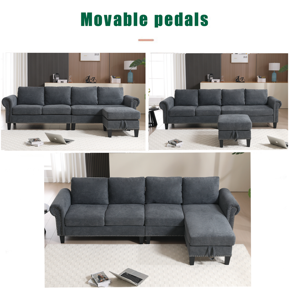 Brighton grey linen L-shaped sectional with storage ottoman, view 7