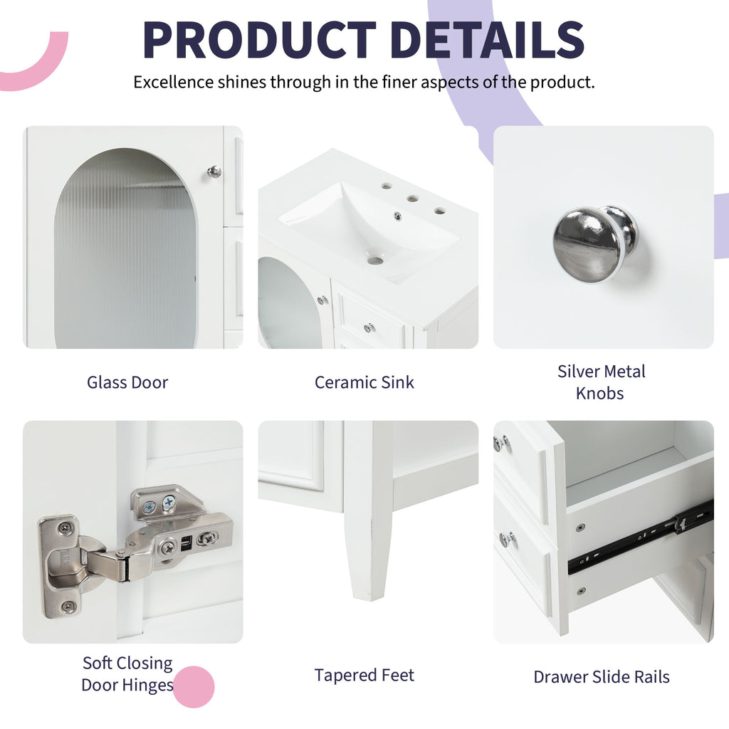 Giotto Three-Drawer Bathroom Vanity with Sink, White, 30 in