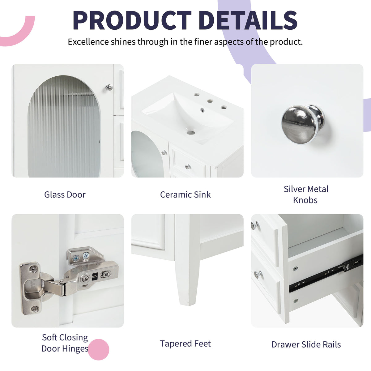 Giotto Three-Drawer Bathroom Vanity with Sink, White, 30 in