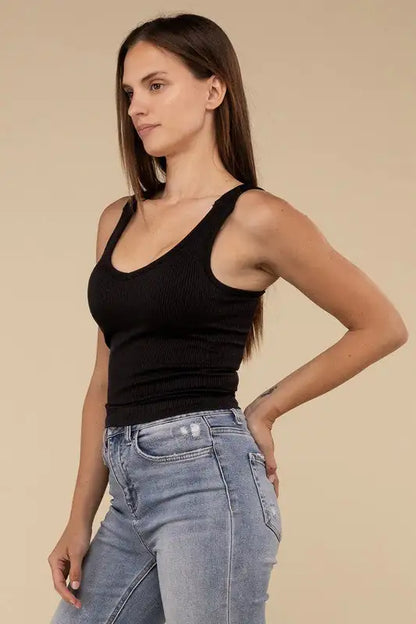 Ribbed Bra Padded V-Neck Tank Top