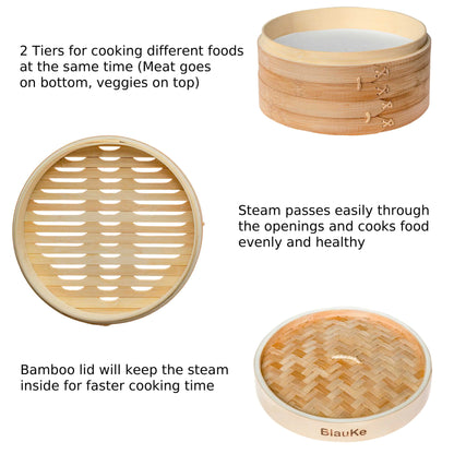 2-Tier Bamboo Steamer for Cooking Dumplings, Vegetables, Meat, Fish, Rice - Bamboo Steamer Basket 10 Inch with 2 Pairs Chopsticks, Tongs and 50 Paper Liners - Eloy Royal