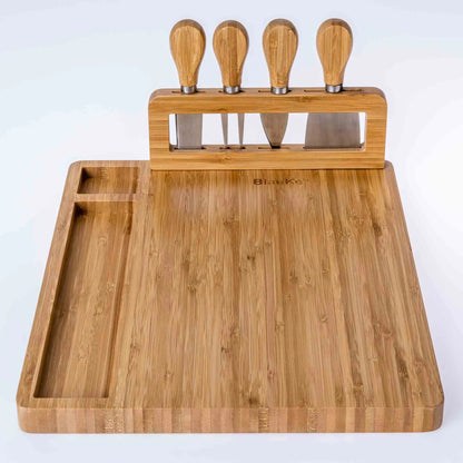 Bamboo Cheese Board and Knife Set - 14x11 inch Charcuterie Board with 4 Cheese Knives - Wood Serving Tray - Eloy Royal