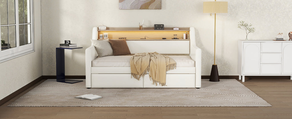 Twin Size Daybed with Drawers, Upholstered Daybed with Charging Station and LED Lights, White