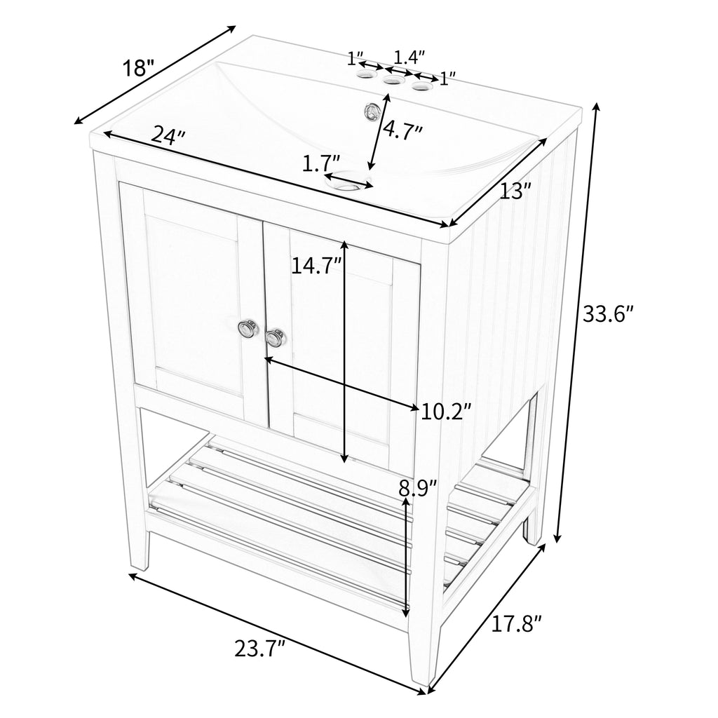 24" White Modern Sleek Bathroom Vanity Elegant Ceramic Sink with Solid Wood Frame Open Style Shelf