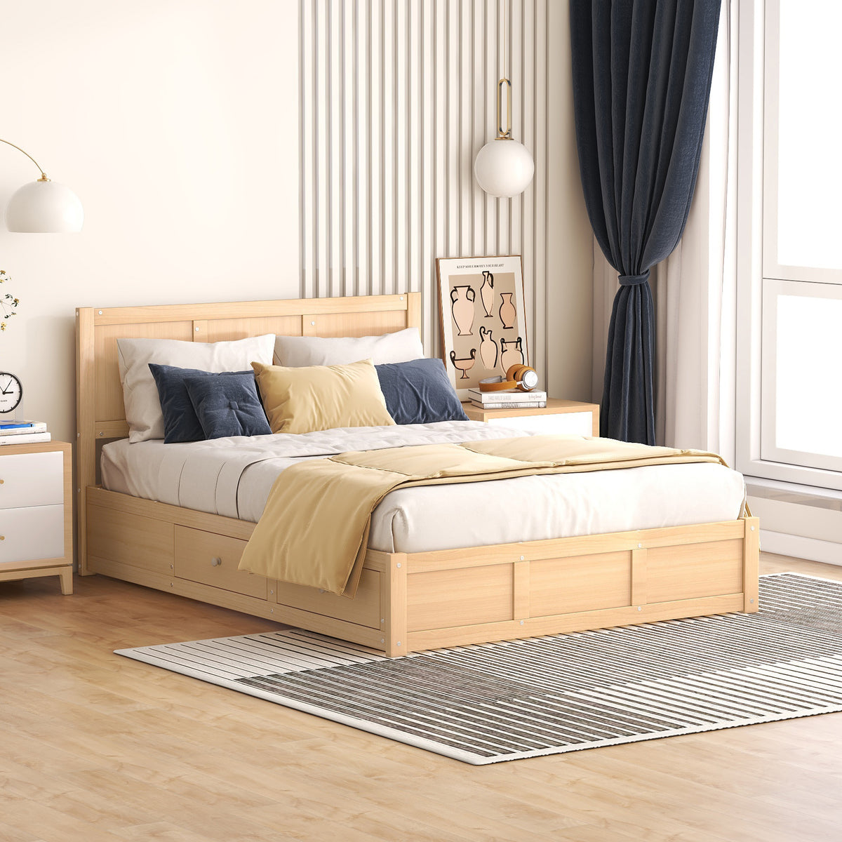 Oakes Wood Platform Bed with Storage Drawers, Wood Tone, Full