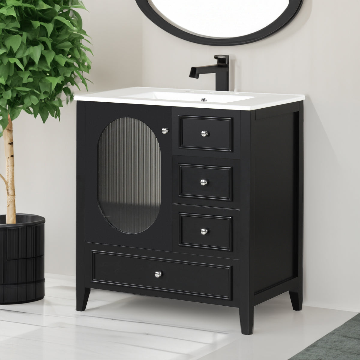 Giotto Three-Drawer Bathroom Vanity with Sink, Black, 30 in
