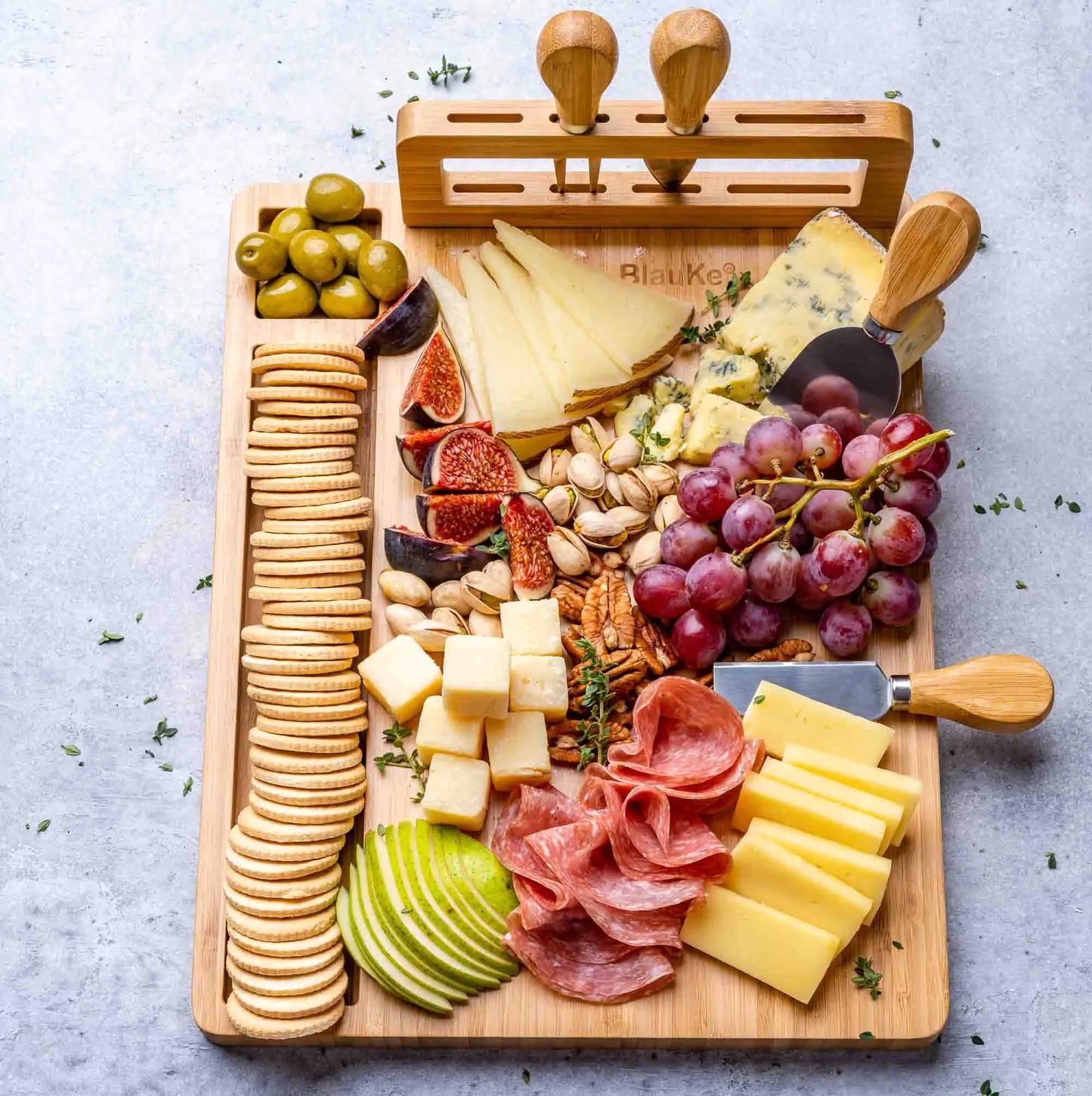 Bamboo Cheese Board and Knife Set - 14x11 inch Charcuterie Board with 4 Cheese Knives - Wood Serving Tray - Eloy Royal