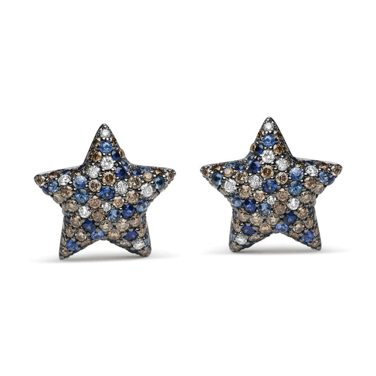 Black Rhodium Plated 18K White Gold 1.00 Cttw Diamond and Round Blue Sapphire Gemstone Micro-Pave Star Stud Earrings (Brown and G-H Color, SI1-SI2 Clarity)