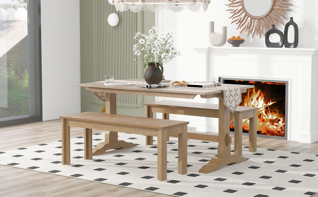 Tiberio 3-Piece Trestle Dining Set with 2 Benches, Natural Wood