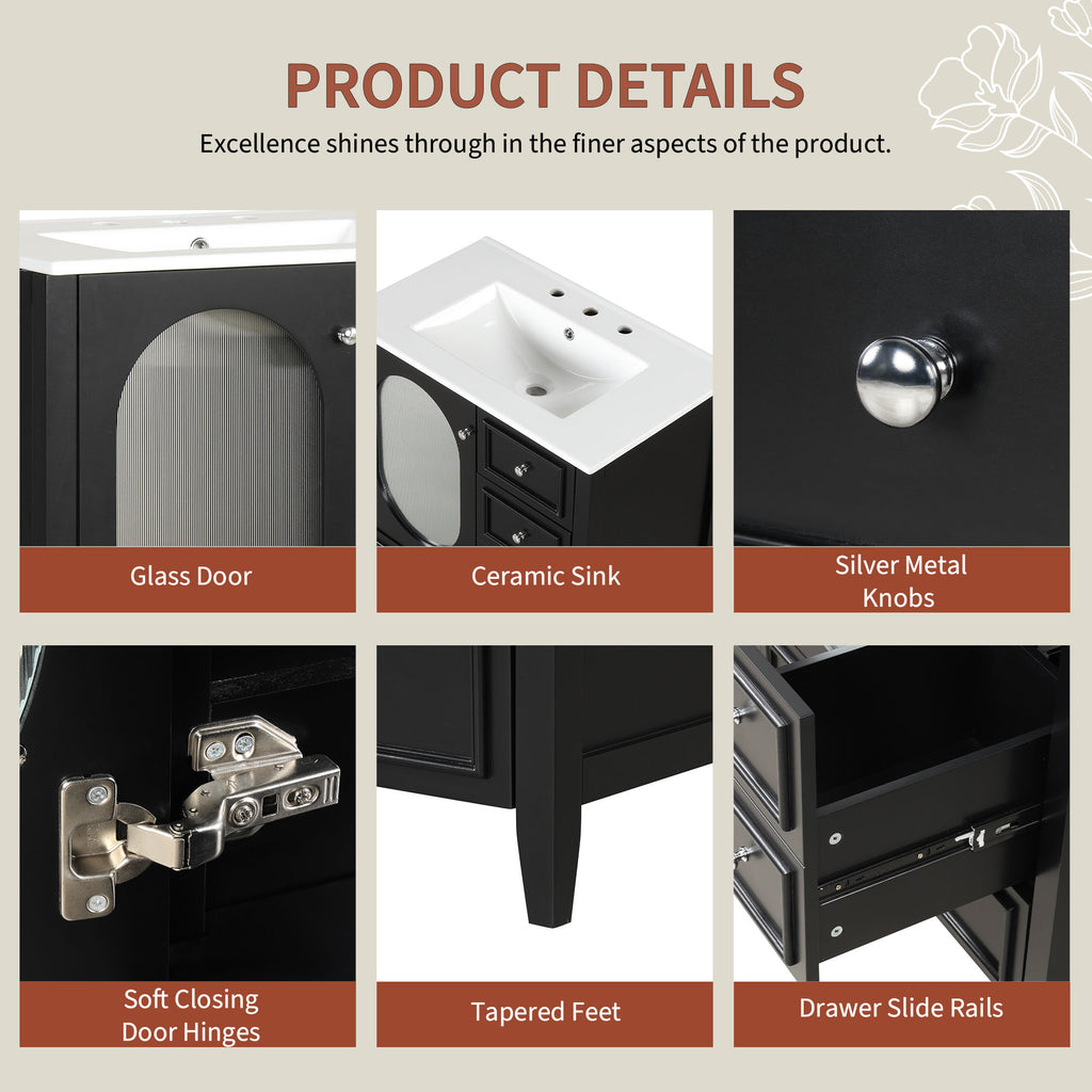 Giotto Three-Drawer Bathroom Vanity with Sink, Black, 30 in