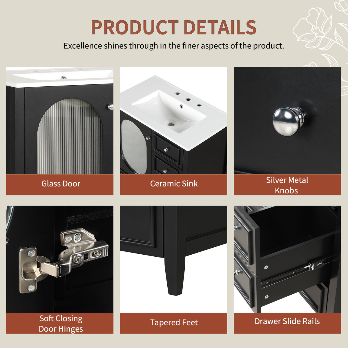 Giotto Three-Drawer Bathroom Vanity with Sink, Black, 30 in