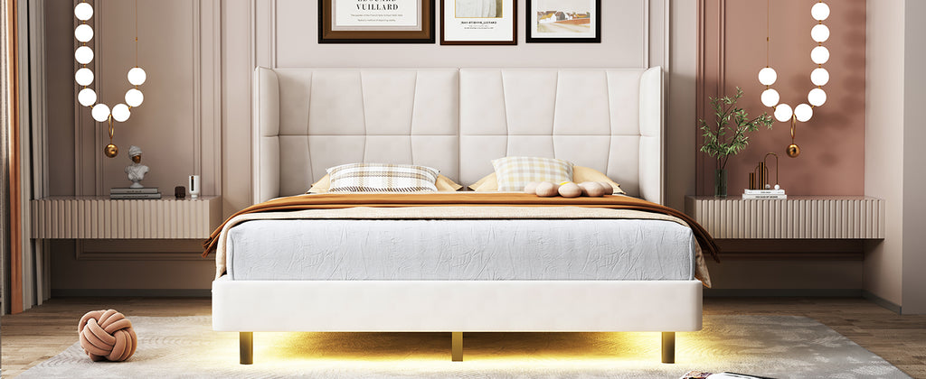 Queen Size Upholstered Platform Bed with LED Lights and U-Shaped Headboard, Linen Fabric, Beige