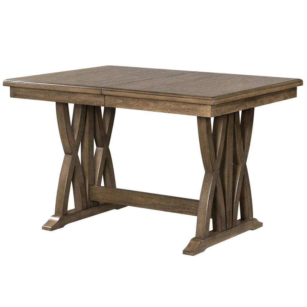 TOPMAX Mid Century Solid Wood 7-Piece Expandable Dining Table Set with Soft Cushioned Chair, Gold Brown+Gray Cushions
