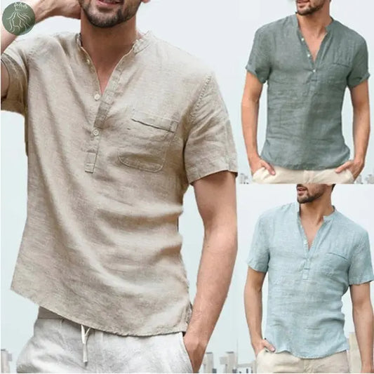 Casual Linen Solid Color Shirt Button V Neck Beach Shirt Men Summer Tops - Eloy Royal