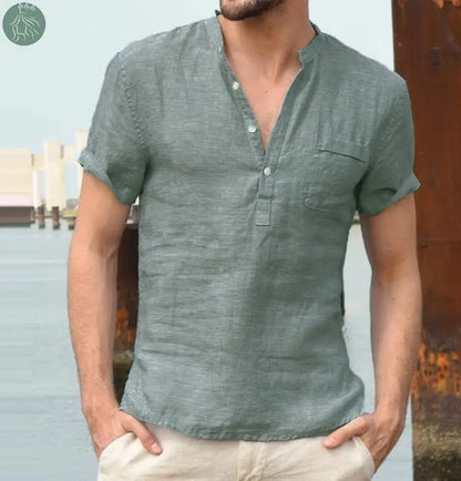 Casual Linen Solid Color Shirt Button V Neck Beach Shirt Men Summer Tops - Eloy Royal