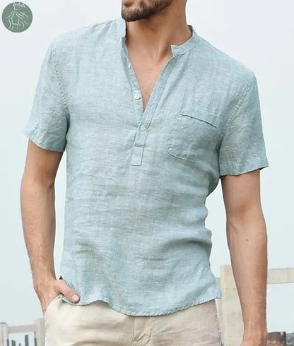 Casual Linen Solid Color Shirt Button V Neck Beach Shirt Men Summer Tops - Eloy Royal