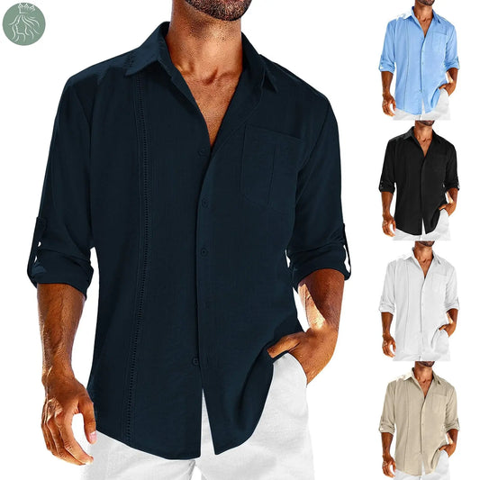 Casual  Long Sleeve Shirt With Pocket Lace Polo Collar Solid Color Button Mens Clothing - Eloy Royal