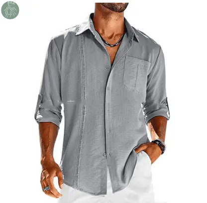 Casual  Long Sleeve Shirt With Pocket Lace Polo Collar Solid Color Button Mens Clothing - Eloy Royal