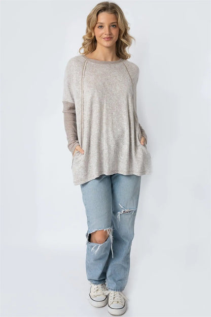 Taupe Long Sleeve Round Neck Two Pocket Side Top