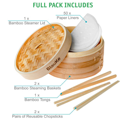 2-Tier Bamboo Steamer for Cooking Dumplings, Vegetables, Meat, Fish, Rice - Bamboo Steamer Basket 10 Inch with 2 Pairs Chopsticks, Tongs and 50 Paper Liners - Eloy Royal