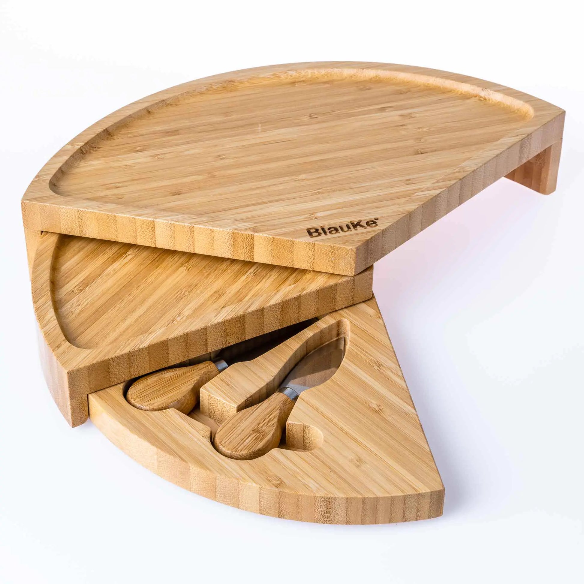 Bamboo Cheese Board and Knife Set - 14 Inch Swiveling Charcuterie Board with Slide-Out Drawer - Cheese Serving Platter, Round Serving Tray - Eloy Royal