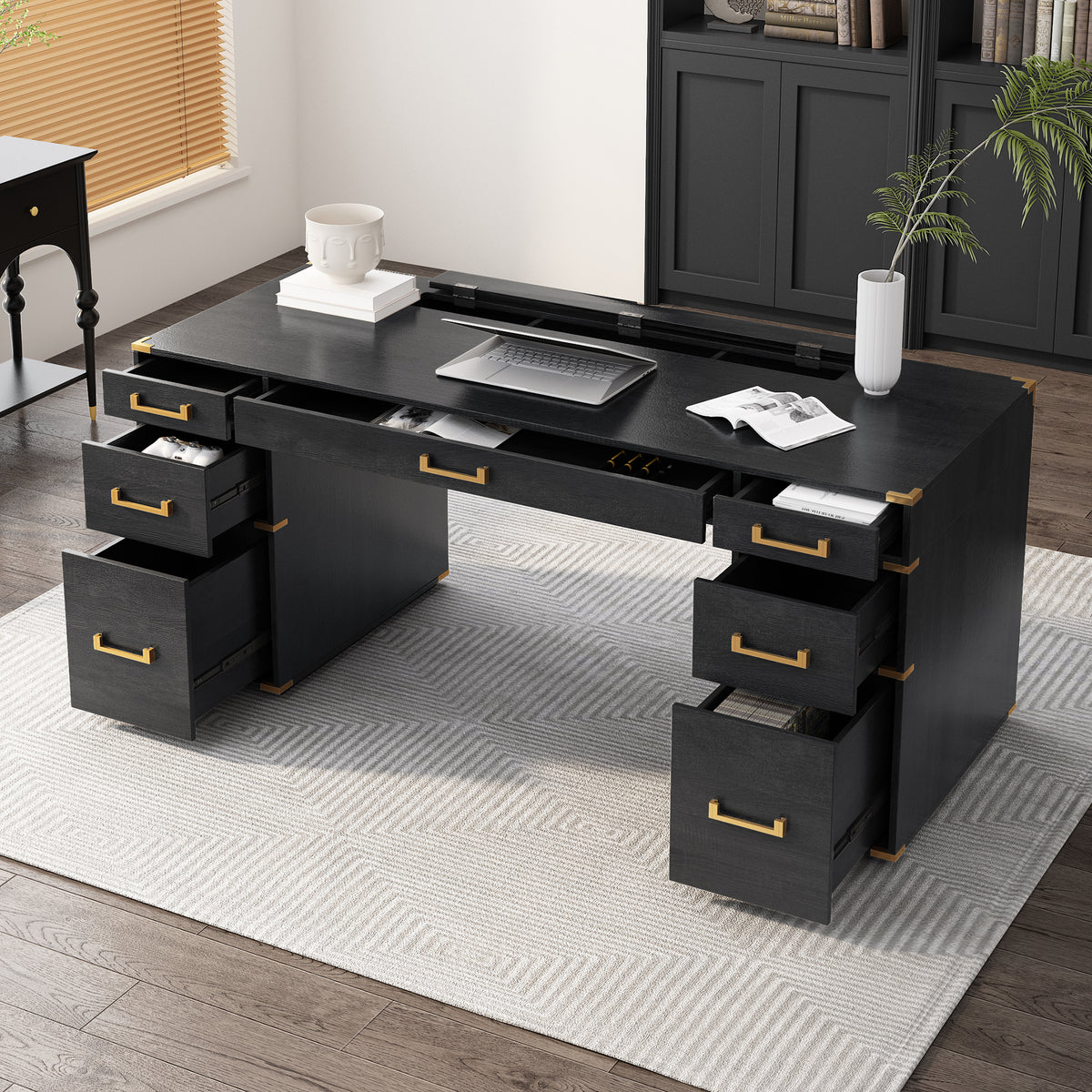 Sheridan Metal-Trim Executive Desk, Black and Gold, 70 in