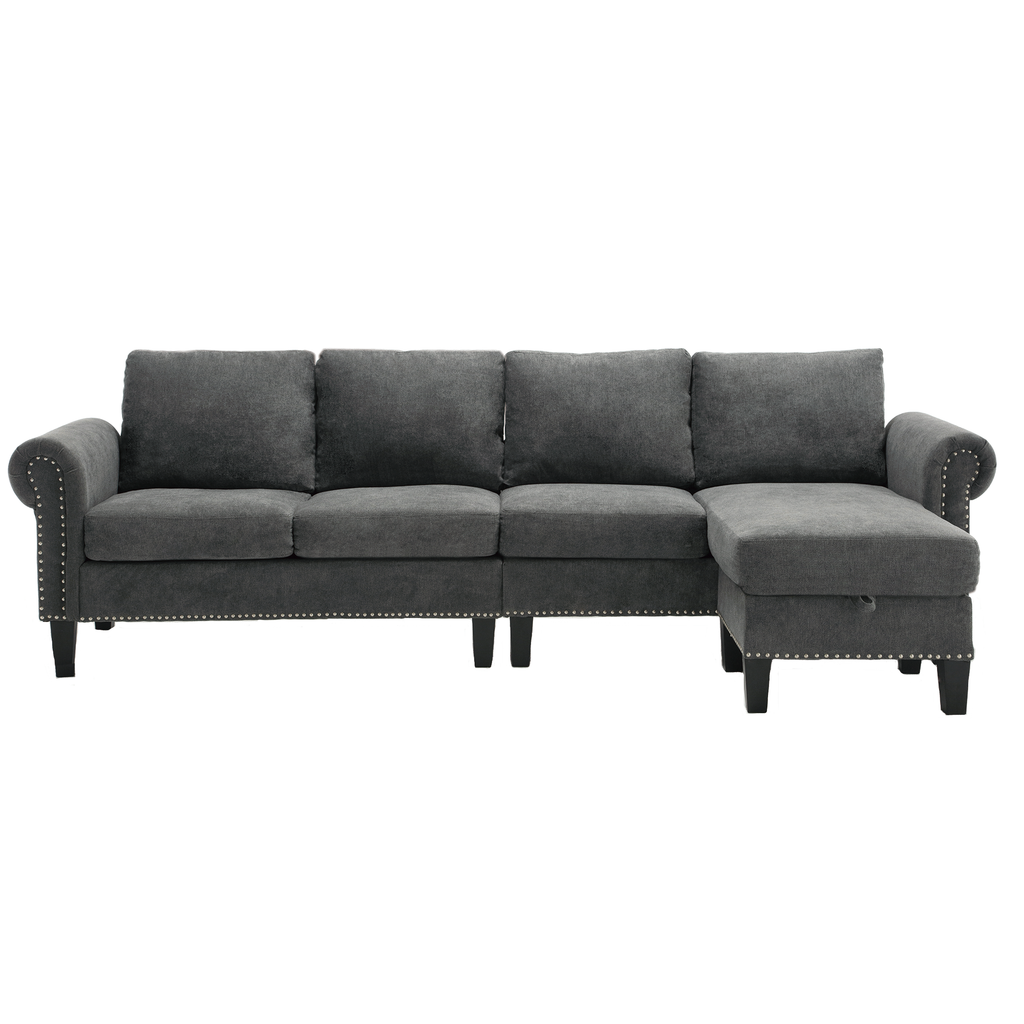 Brighton grey linen L-shaped sectional with storage ottoman, view 3