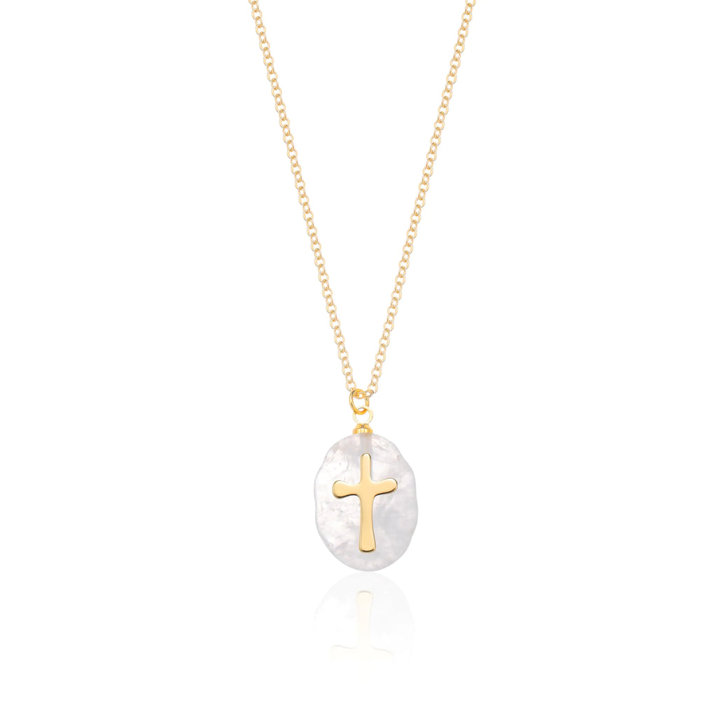 Fremttly Cross Necklace for Women 14K Gold Plated Crystal Pendant Necklace Handmade Gem Necklaces Dainty Gold Necklaces for Women Trendy CS-ClearQuartz Clear Quartz