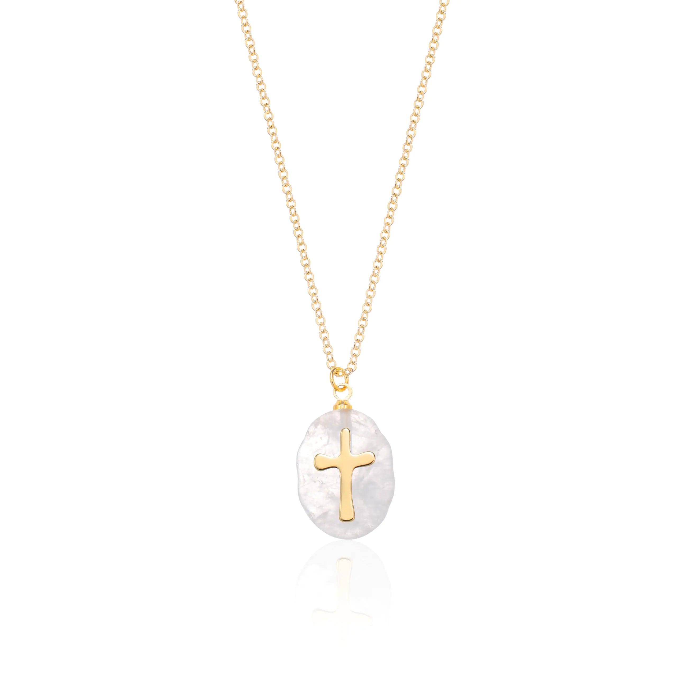 Fremttly Cross Necklace for Women 14K Gold Plated Crystal Pendant Necklace Handmade Gem Necklaces Dainty Gold Necklaces for Women Trendy CS-ClearQuartz Clear Quartz