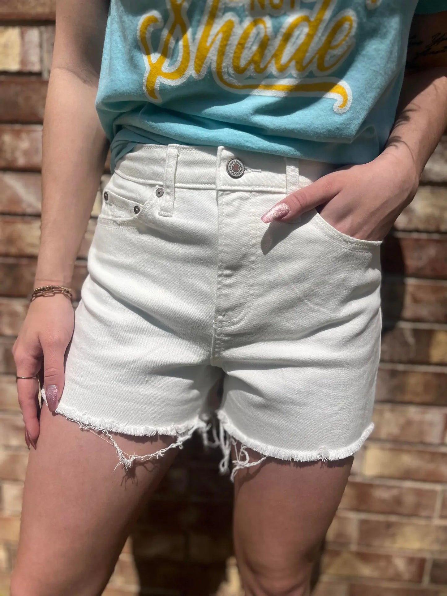 ZENANA RAW HEM WHITE DENIM SHORTS