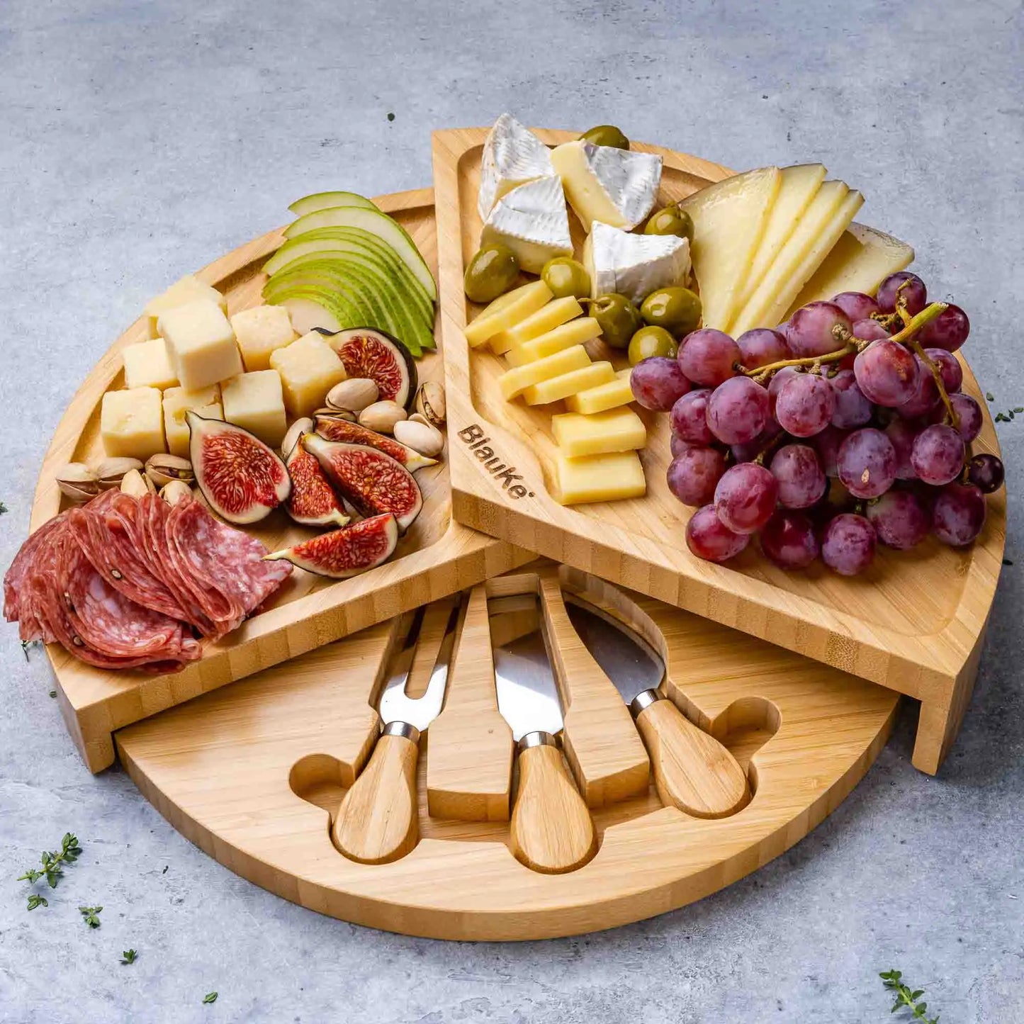 Bamboo Cheese Board and Knife Set - 14 Inch Swiveling Charcuterie Board with Slide-Out Drawer - Cheese Serving Platter, Round Serving Tray - Eloy Royal