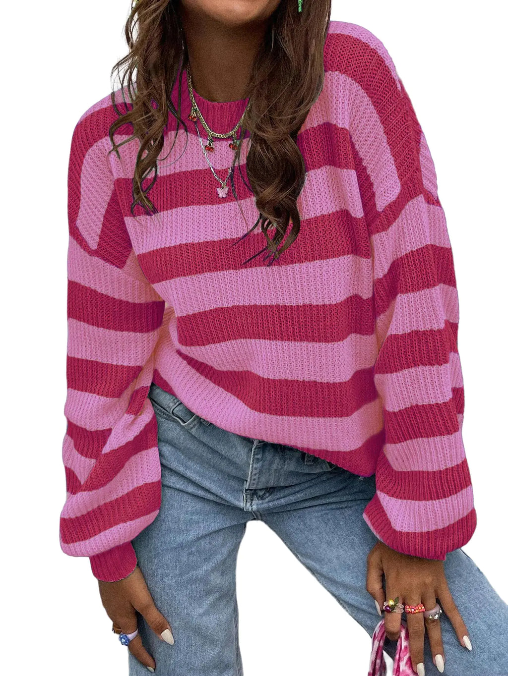 Allimy Ladies Fall Clothes Sweater Womens Trendy Crewneck Long Sleeve Color Block Striped Cable Knitted Casual Lightweight Winter Pullover Sweaters for Women 2024 Loose Fit Pink XL Pink X-Large
